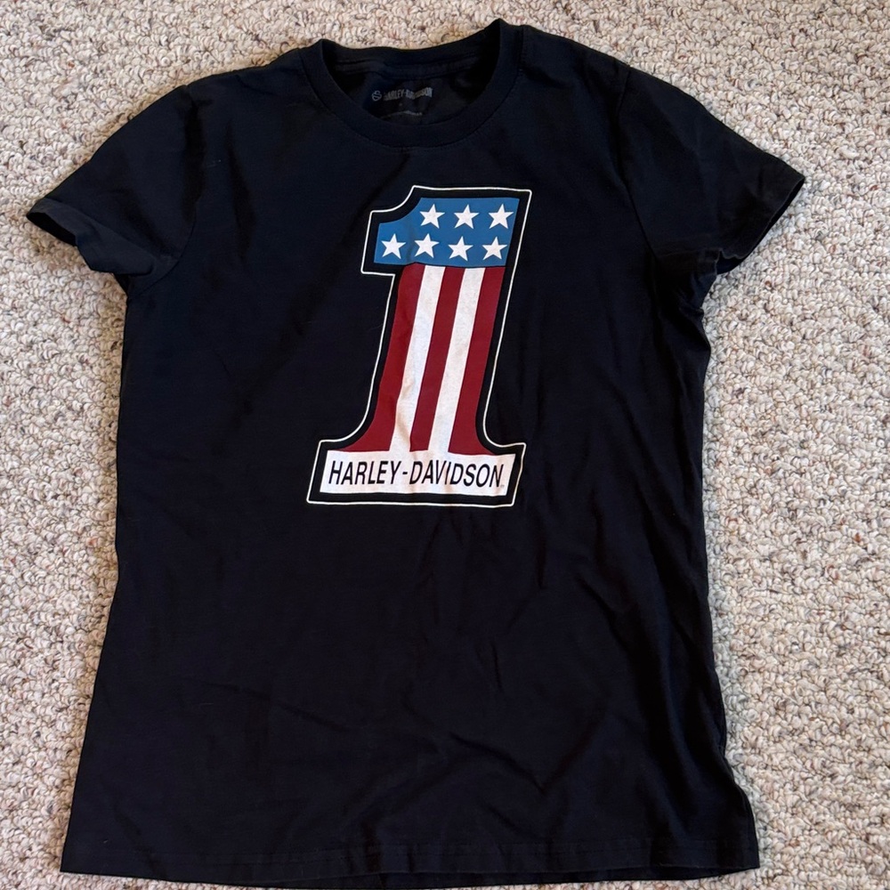 Harley-Davidson Women’s Black Tee with Patriotic Number One Design